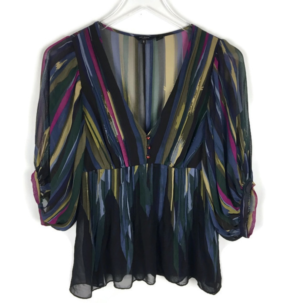 Ted Baker | Sheer Silk Striped V-Neck Blouse